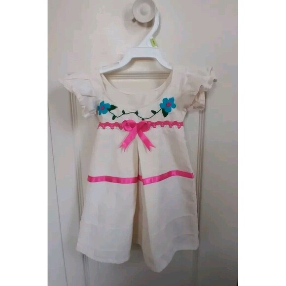 Handmade Baby Girls Boho Dress Embroidered Bow Ivory Size 3-9 Months - Picture 1 of 10